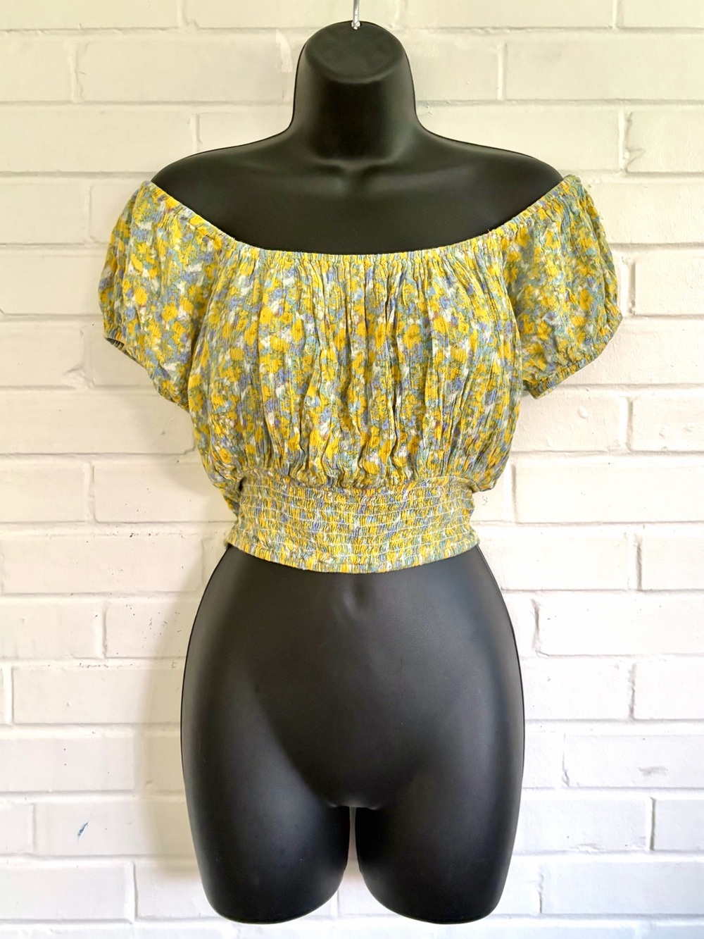 Free People Yellow & Blue Floral Off-Shoulder Smocked Crop Top, SZ S - Picture 2 of 7